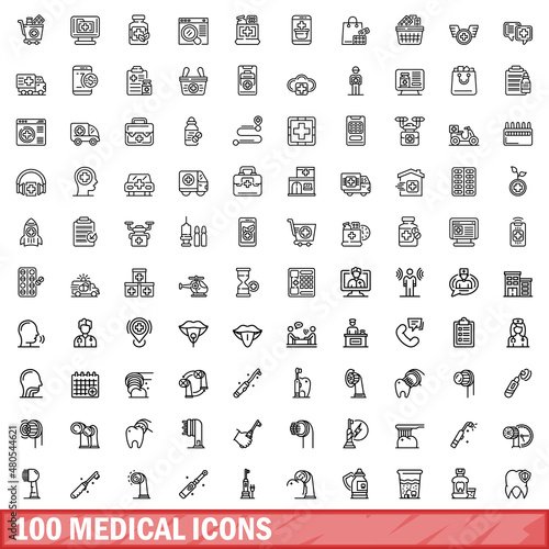 100 medical icons set, outline style