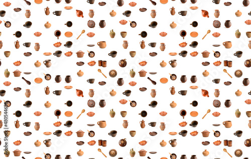 Large seamless pattern from various ceramic products isolated on white