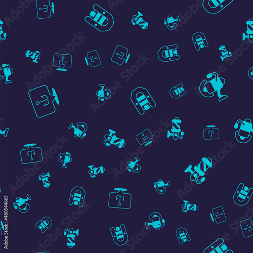 Set Fishing hook, Spinning reel for fishing, Inflatable boat with motor and on seamless pattern. Vector