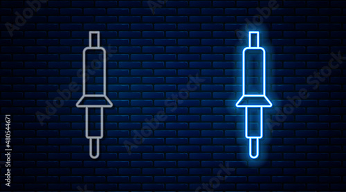 Glowing neon line Soldering iron icon isolated on brick wall background. Vector