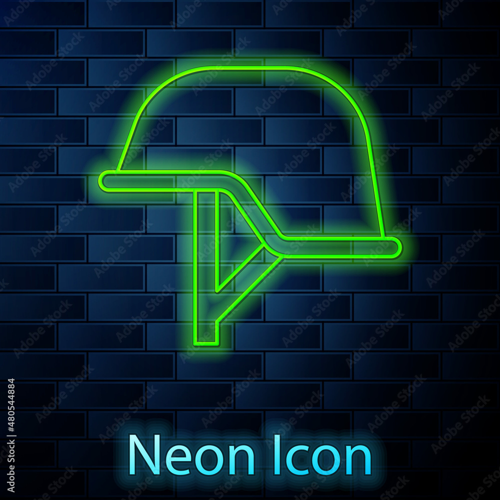 Glowing neon line Military helmet icon isolated on brick wall background. Army hat symbol of defense and protect. Protective hat. Vector Glowing neon line Military helmet icon isolated on brick wall background. Army hat symbol of defense and protect. Protective hat. Vector