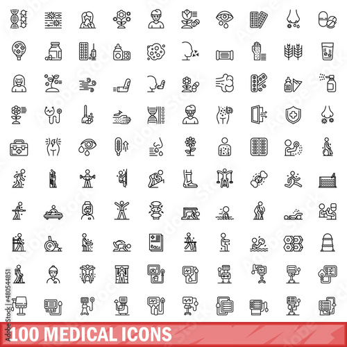 100 medical icons set, outline style