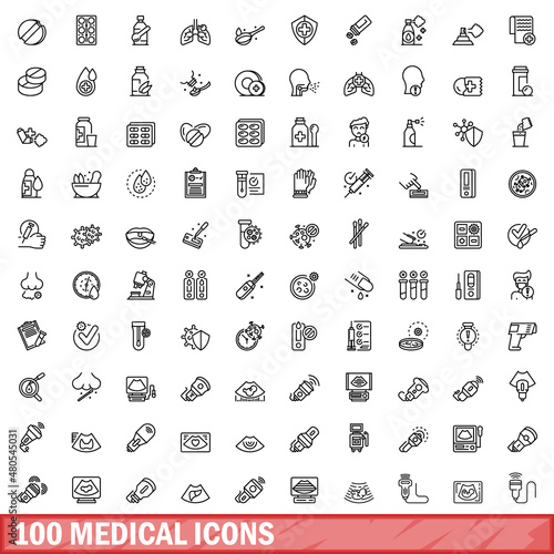 100 medical icons set, outline style