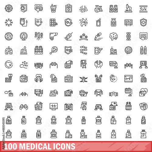 100 medical icons set, outline style