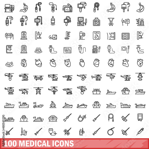 100 medical icons set, outline style