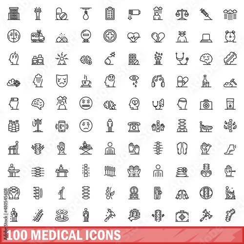 100 medical icons set, outline style