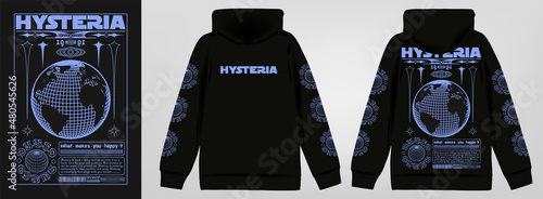 Modern poster with text "HYSTERIA". In Techno style, stylish print for streetwear, print for t-shirts and hoodies, isolated on black background