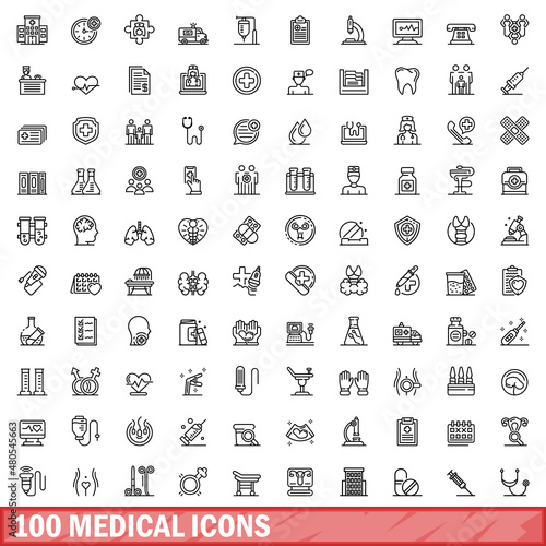 100 medical icons set, outline style