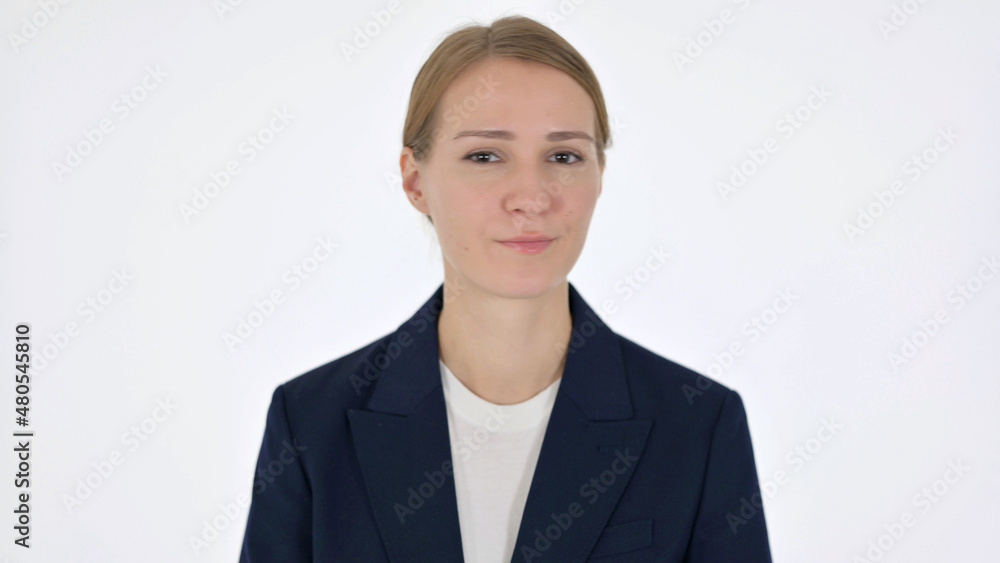 Young Businesswoman showing No Sign by Shaking Head on White Background Young Businesswoman showing No Sign by Shaking Head on White Background
