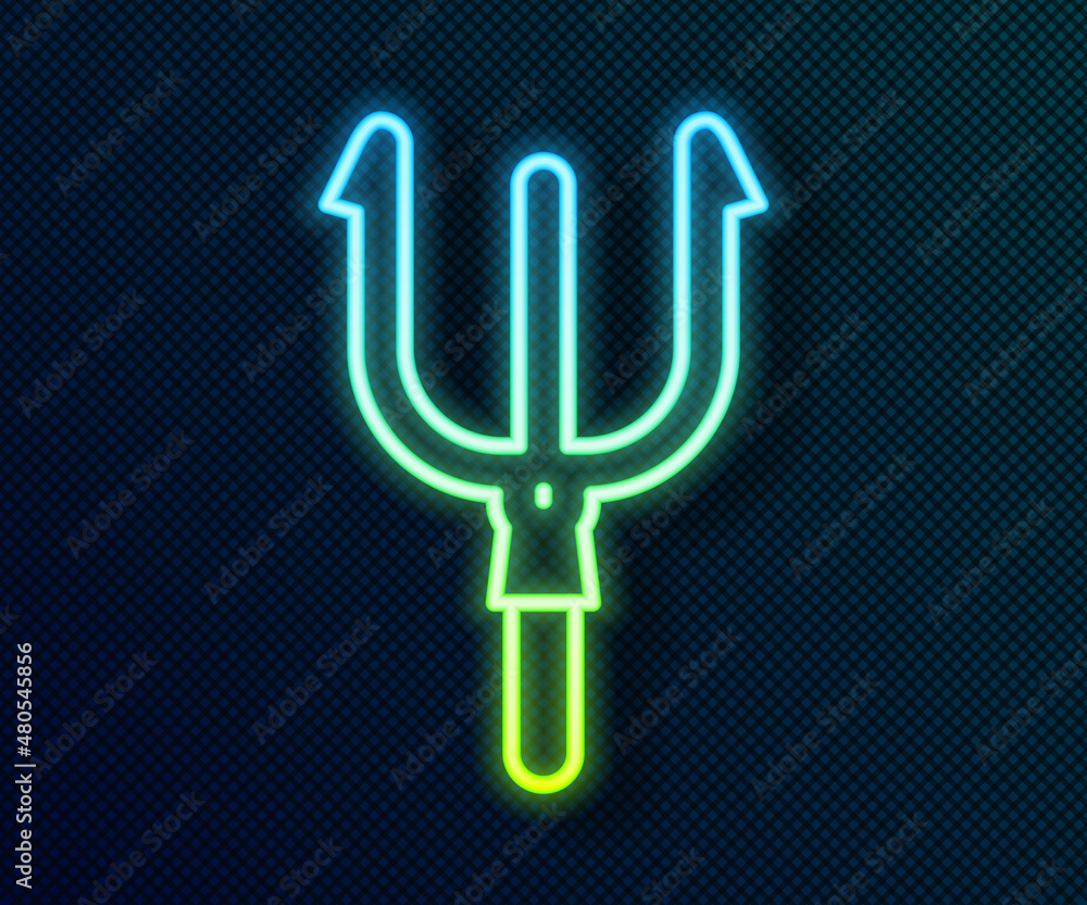Glowing neon line Neptune Trident icon isolated on black background. Vector Glowing neon line Neptune Trident icon isolated on black background. Vector
