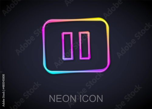 Glowing neon line Pause button icon isolated on black background. Vector