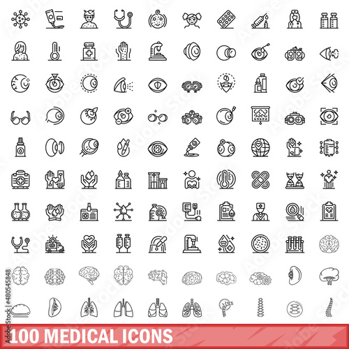 100 medical icons set, outline style