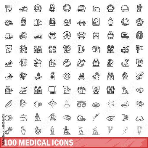 100 medical icons set, outline style Fotobehang