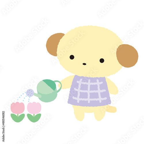 水やりをしている犬のかわいいイラスト