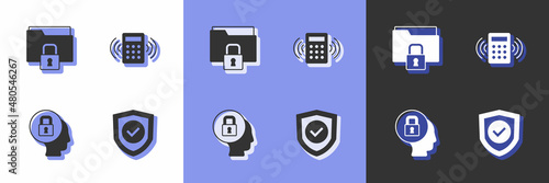 Set Shield with check mark, Folder and lock, Lock and Security keypad access panel icon. Vector