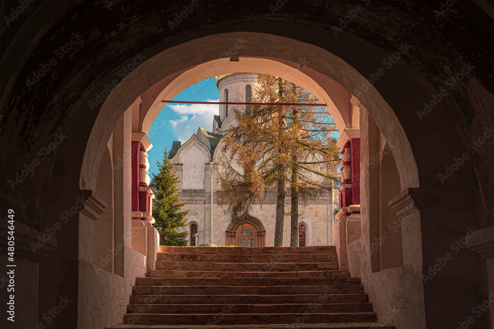 Exterior of the orthodox church as seen thru the arcade gates