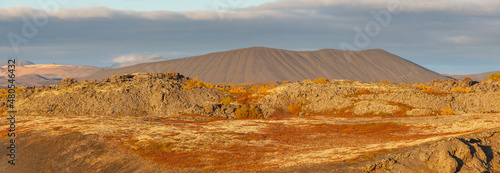 panorama of a landscape in autumn colors with lava flow and the volcano Hverfjall, Iceland