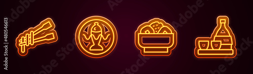Set line Food chopsticks with noodles, Served fish on a plate, Chow mein and Bottle of sake. Glowing neon icon. Vector