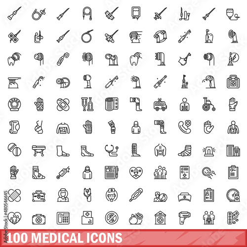 100 medical icons set, outline style