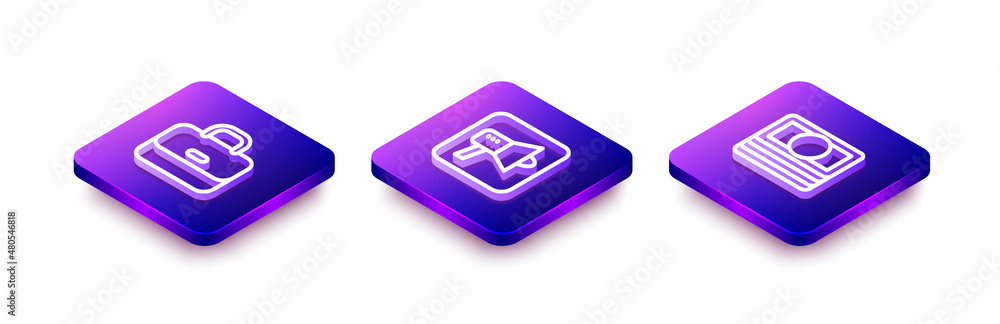 Set Isometric line Briefcase, Megaphone and Stacks paper money cash icon. Vector Set Isometric line Briefcase, Megaphone and Stacks paper money cash icon. Vector
