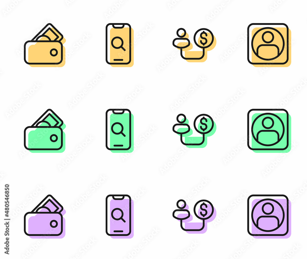 Set line Human and money, Wallet with, Magnifying glass mobile and Create account screen icon. Vector