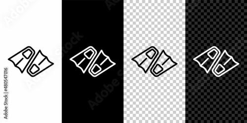 Set line Rubber flippers for swimming icon isolated on black and white, transparent background. Diving equipment. Extreme sport. Diving underwater equipment. Vector