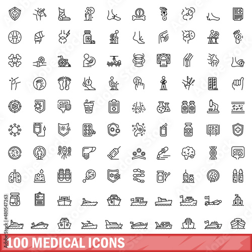 100 medical icons set, outline style