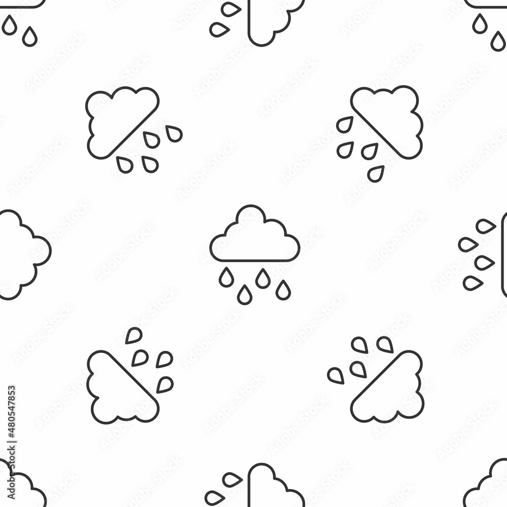 Grey line Cloud with rain icon isolated seamless pattern on white background. Rain cloud precipitation with rain drops. Vector