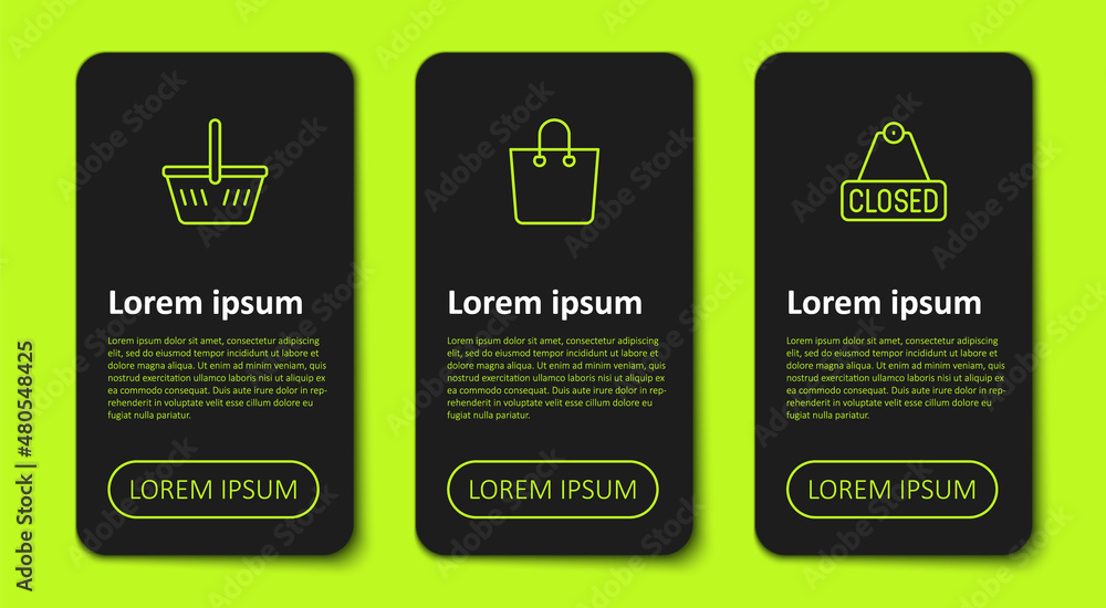 Set line Shopping basket, Paper shopping bag and Hanging sign with text Closed. Business infographic template. Vector Set line Shopping basket, Paper shopping bag and Hanging sign with text Closed. Business infographic template. Vector