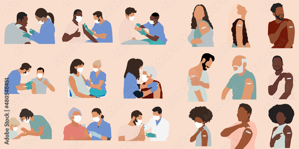 Big set of People Showing Vaccinated Arm. Vaccine distribution for general population concept illustration. Process of immunization against covid-19. Healthcare, coronavirus, prevention and immunize.
