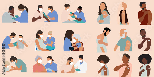 Big set of People Showing Vaccinated Arm. Vaccine distribution for general population concept illustration. Process of immunization against covid-19. Healthcare, coronavirus, prevention and immunize. photo