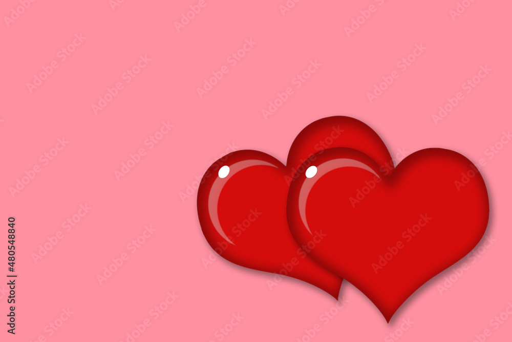 Illustration with two red hearts on an empty pink background, symbolizing love Illustration with two red hearts on an empty pink background, symbolizing love