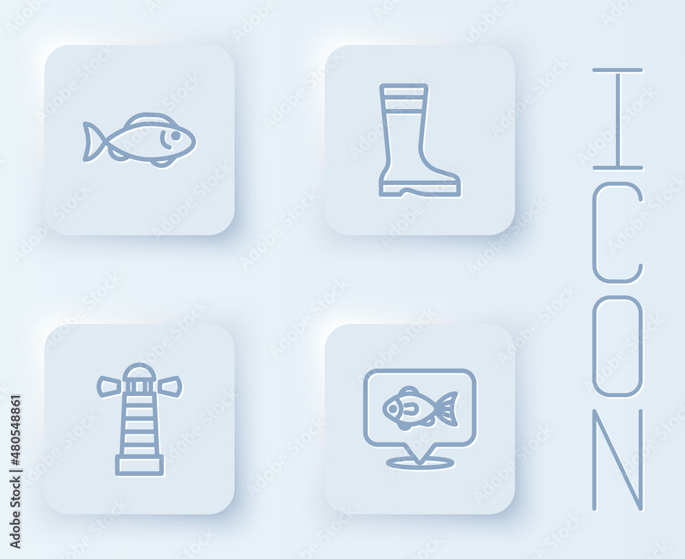 Set line Fish, Fishing boots, Lighthouse and Location fishing. White square button. Vector Set line Fish, Fishing boots, Lighthouse and Location fishing. White square button. Vector