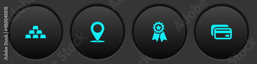 Set Gold bars, Map pin, Medal with star and Credit card icon. Vector