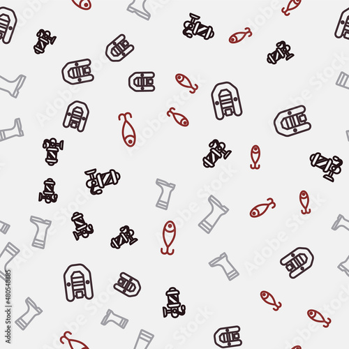 Set line Spinning reel for fishing, Inflatable boat with motor, Fishing boots and lure on seamless pattern. Vector