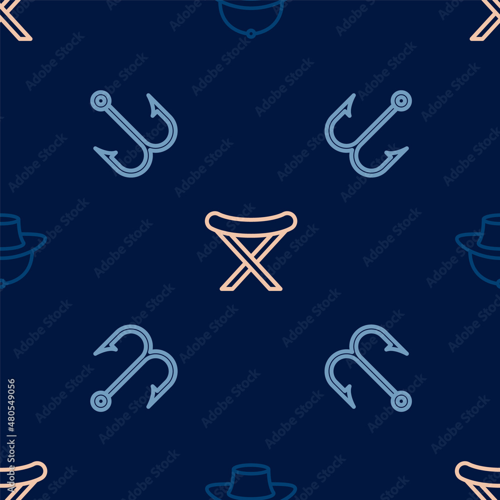 Set line Fisherman hat, Fishing hook and Camping folding chair on seamless pattern. Vector Set line Fisherman hat, Fishing hook and Camping folding chair on seamless pattern. Vector