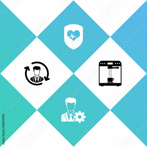 Set Human resources, Profile settings, Shield and heart rate and Coffee machine cup icon. Vector