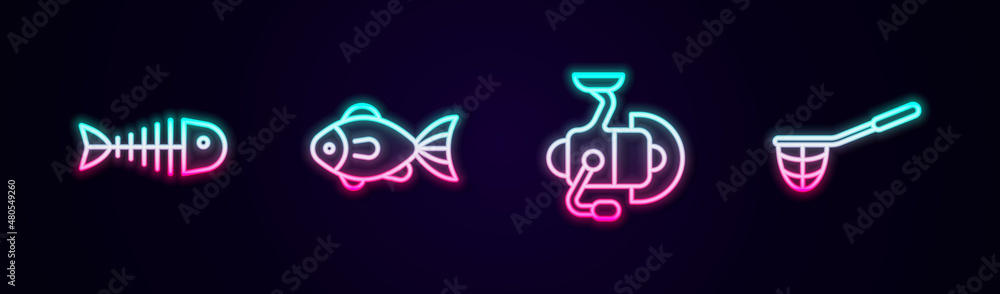 Set line Fish skeleton, Spinning reel for fishing and Fishing net. Glowing neon icon. Vector Set line Fish skeleton, Spinning reel for fishing and Fishing net. Glowing neon icon. Vector