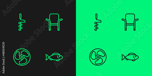 Set line Fish, Outboard boat motor, Hand ice drill and Camping folding chair icon. Vector