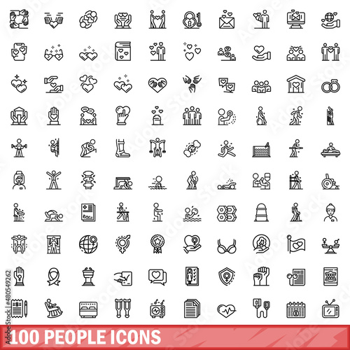 100 people icons set, outline style
