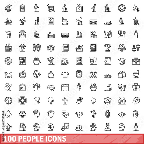 100 people icons set, outline style