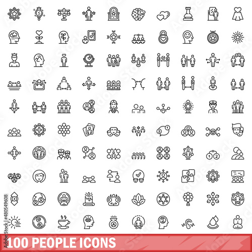 100 people icons set, outline style