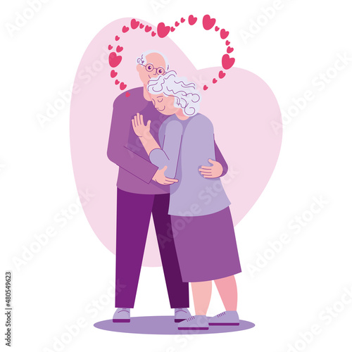 Eldery couple hugging. Old man and woman embracing. Senior couple in love. Vector cartoon characters isolated, icon, simbol. Valentine day background