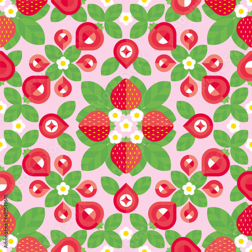 Strawberry beautiful geometric mosaic background. Fresh garden fruit pattern. Modern abstract texture, ornament for wallpaper, paper, textile, fabric, package, home decor