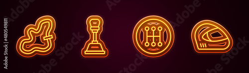 Set line Racing track, Gear shifter, and helmet. Glowing neon icon. Vector