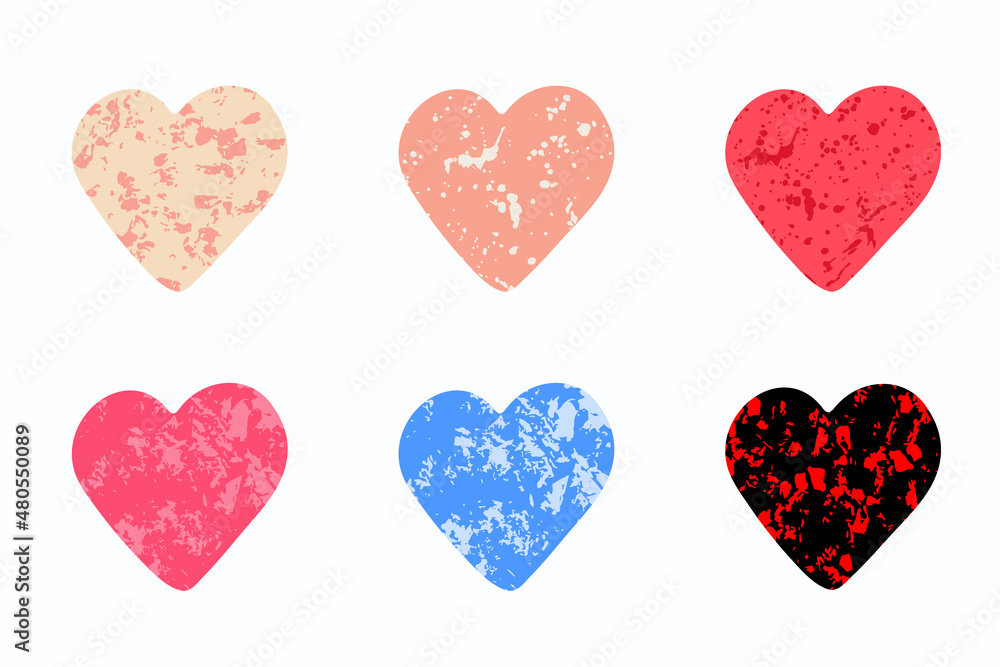 Set of texture hearts. Valentine's day design.Romantic festive decoration for love relationships, feelings postcards.Isolated.Vector illustration