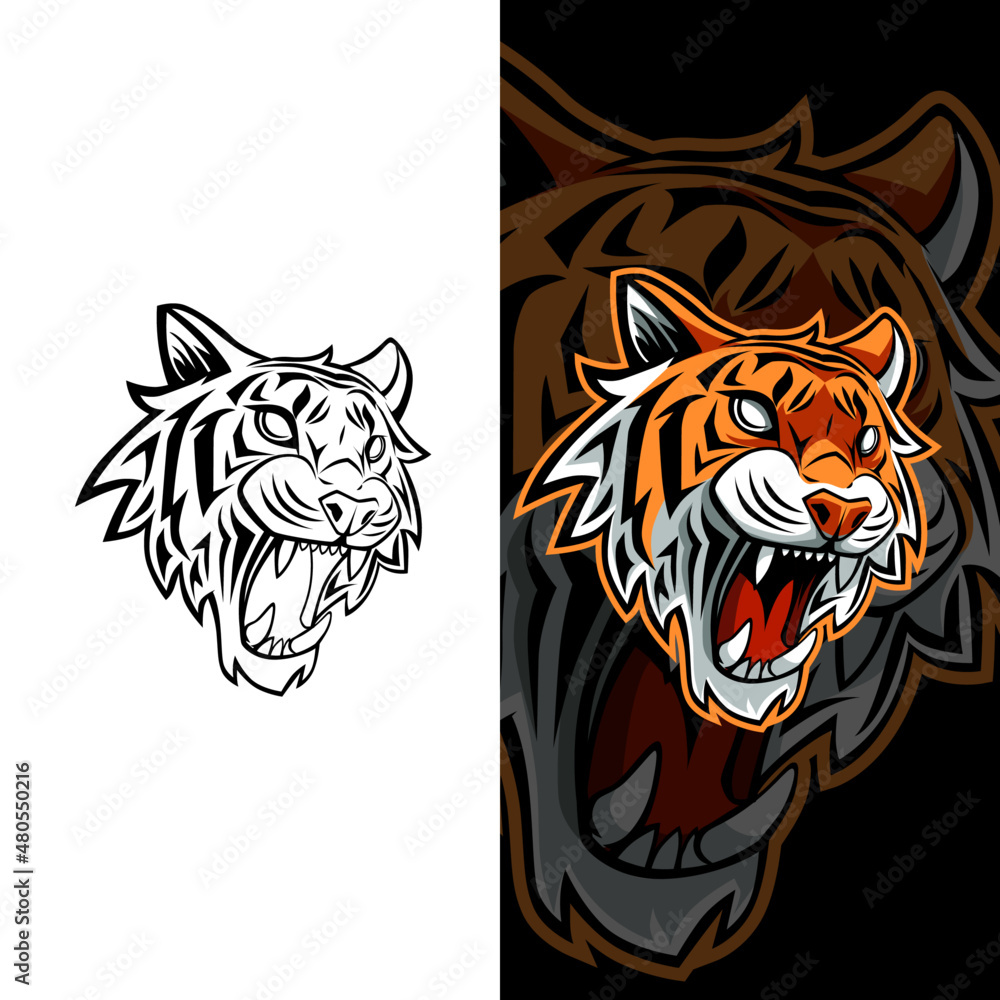 Obraz premium Tiger Head Roaring Mascot Illustration E-Sport Logo This logo is very suitable for teams, communities, groups, sports, basketball, soccer, rugby, and also for clothes, t-shirts, jackets
