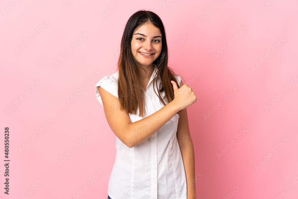Young caucasian woman isolated on pink background proud and self-satisfied Young caucasian woman isolated on pink background proud and self-satisfied