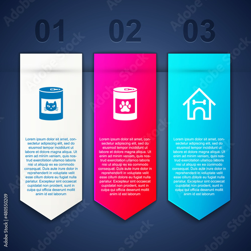 Set Canned food for cat, and Dog house and bone. Business infographic template. Vector