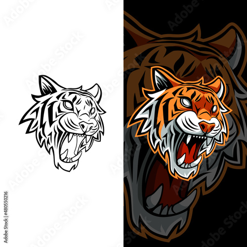 Fototapeta Naklejka Na Ścianę i Meble -  Tiger Head Roaring Mascot Illustration E-Sport Logo This logo is very suitable for teams, communities, groups, sports, basketball, soccer, rugby, and also for clothes, t-shirts, jackets